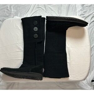UGG Lattice Cardy Black Knit Tall Boots Womens 8 Three Button Suede Heel 5819